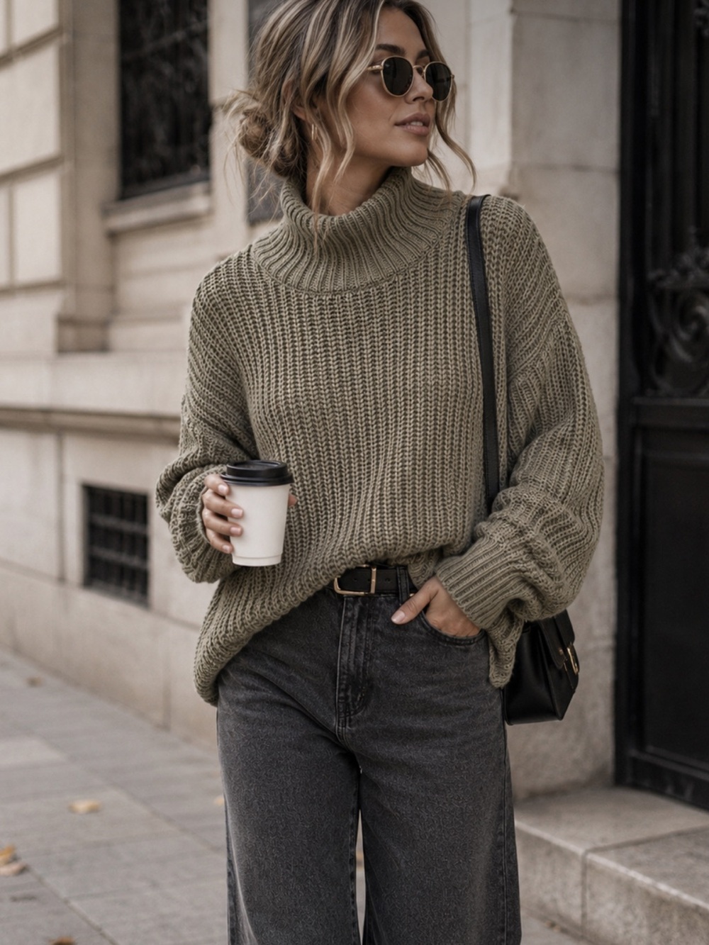 American Eagle Olive Green Oversized Chunky Knit Turtleneck Sweater Large